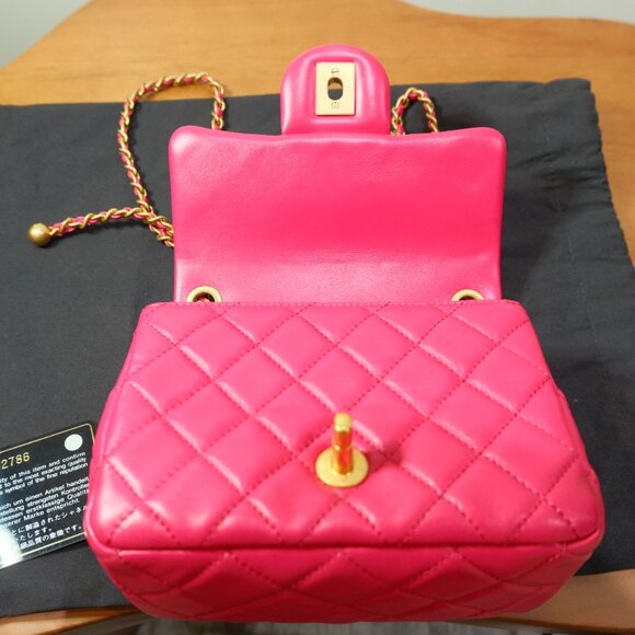 Chanel Quilted Lambskin Mini Square Flap with Pearl Crush Fuchsia Pink NWOT - Picture 10 of 16
